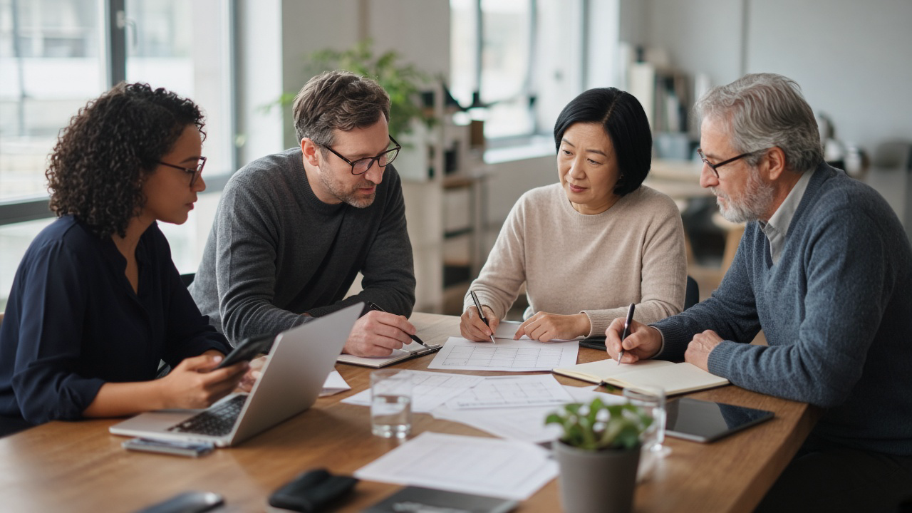 Agency and client teammates reviewing migration notes around a conference table with unreadable laptop screens