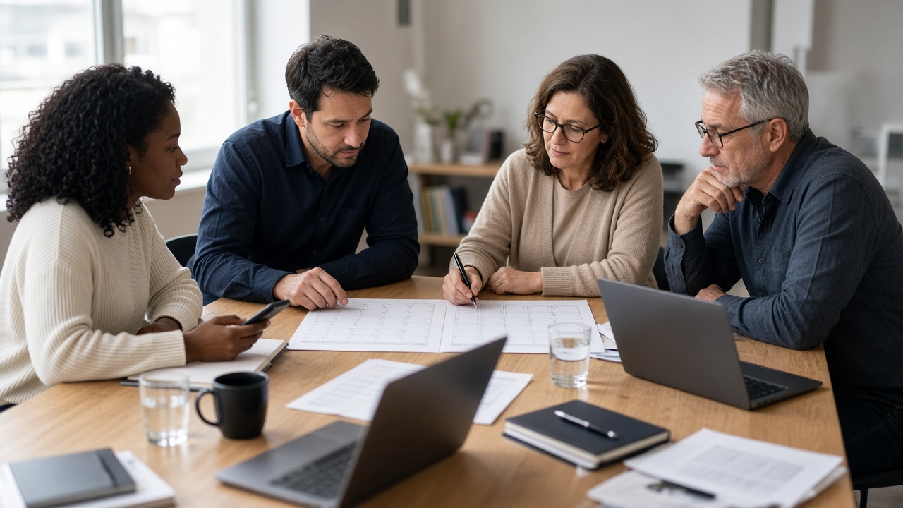 Four teammates reviewing two unreadable calendars around a conference table