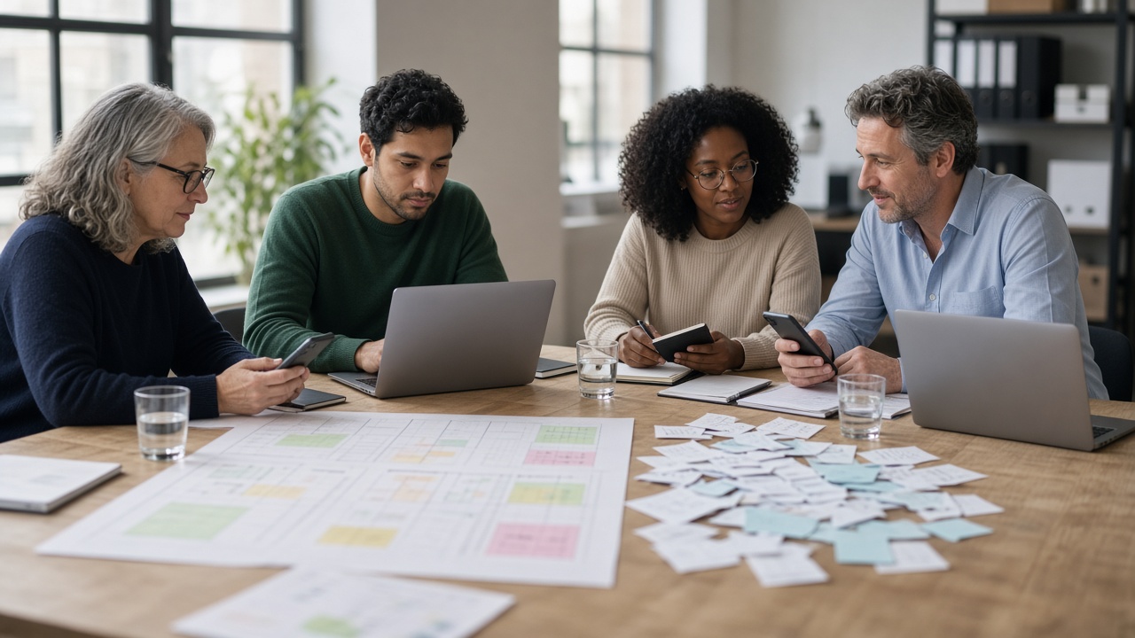 Four teammates separating a publishing stack from message notes around a conference table