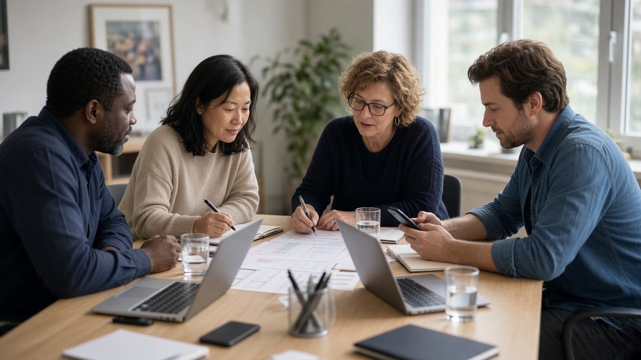 Four teammates reviewing unreadable migration notes around a conference table