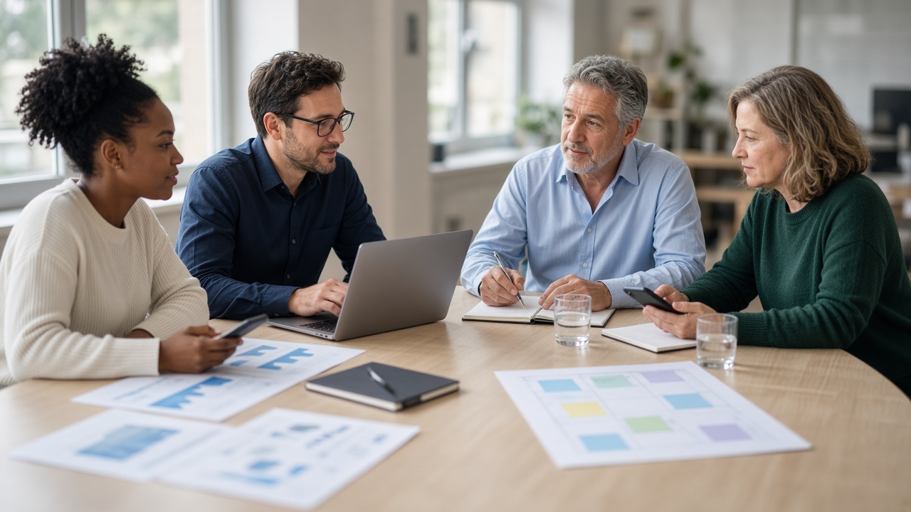 Four teammates reviewing unreadable charts beside a blank weekly calendar on a conference table