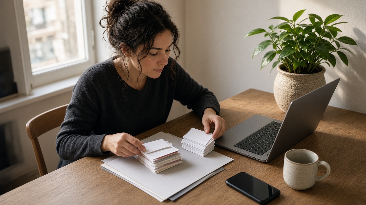 Operator sorting two stacks of unreadable notes, one grouped and one individual, beside a laptop
