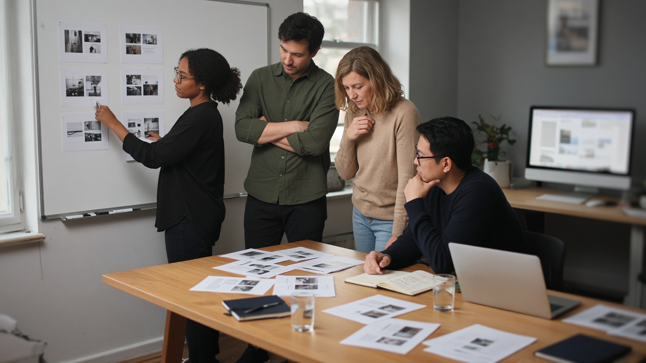Agency team sorting printed caption examples into columns on a whiteboard and table