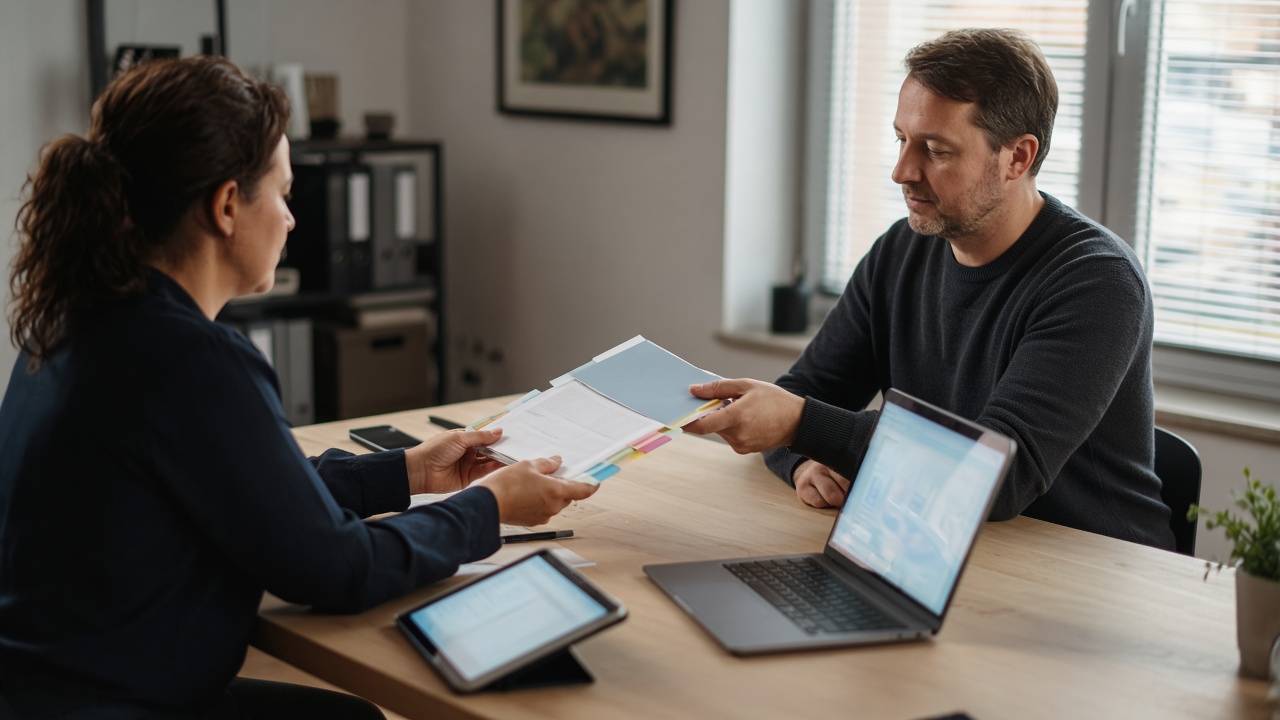 Two colleagues handing over a tabbed printed voice guide at an office table