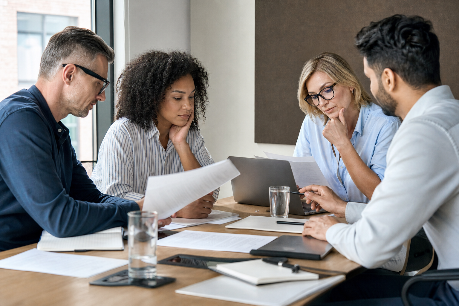 Agency and client team reviewing comment-moderation notes around a conference table