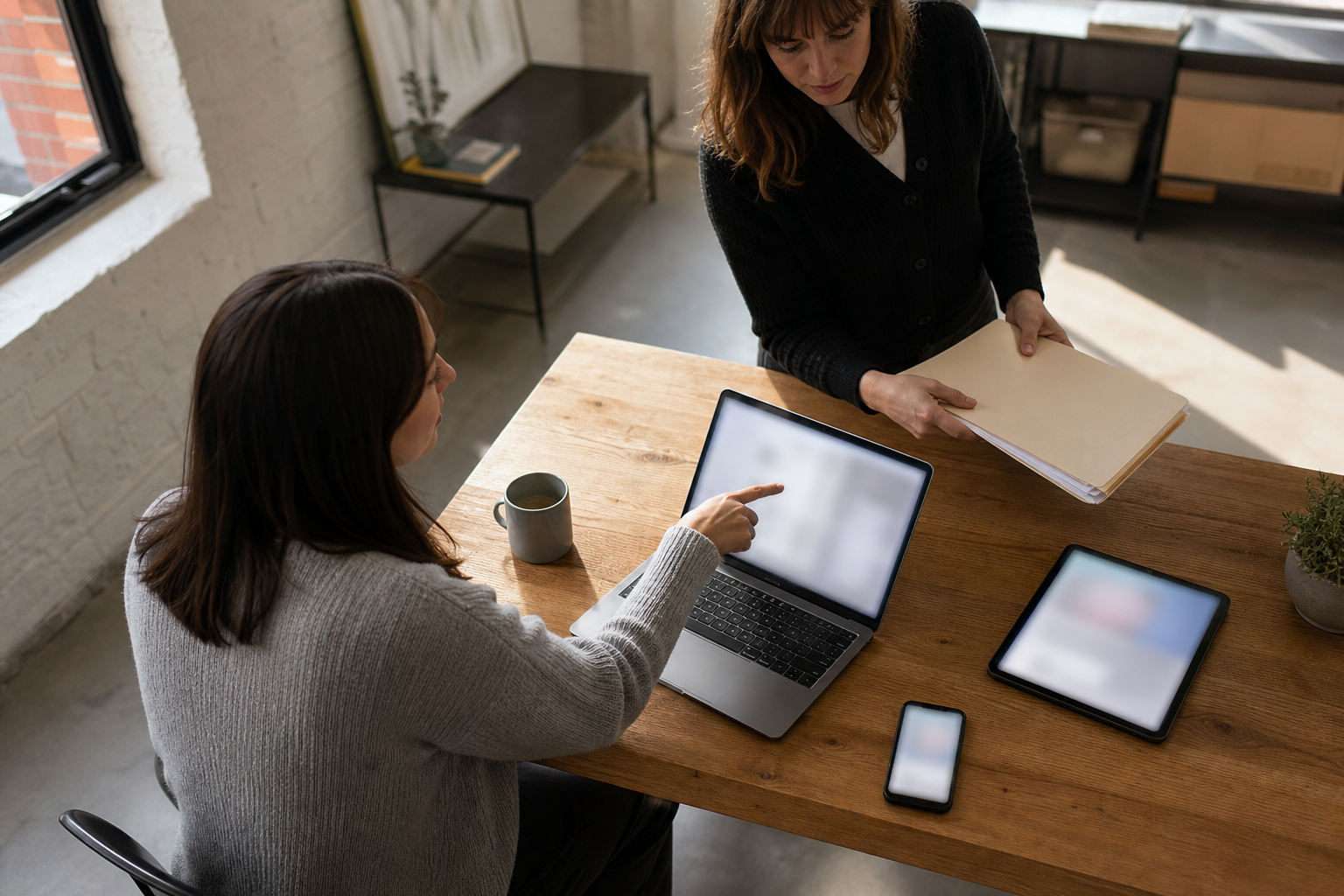 Two colleagues completing a comment-moderation handoff with unreadable screens and a paper folder