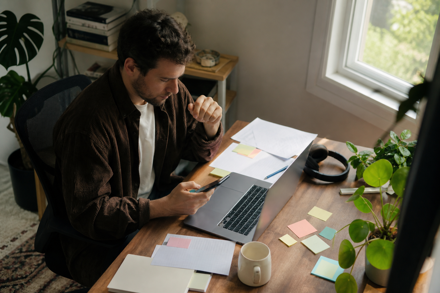 Independent creator triaging social media replies at a home studio desk