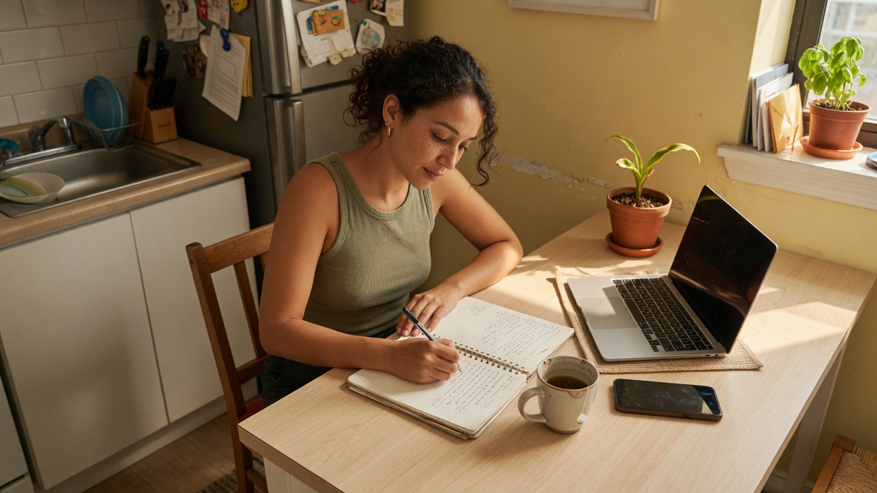 Independent creator writing in a notebook beside an unreadable phone at a home desk