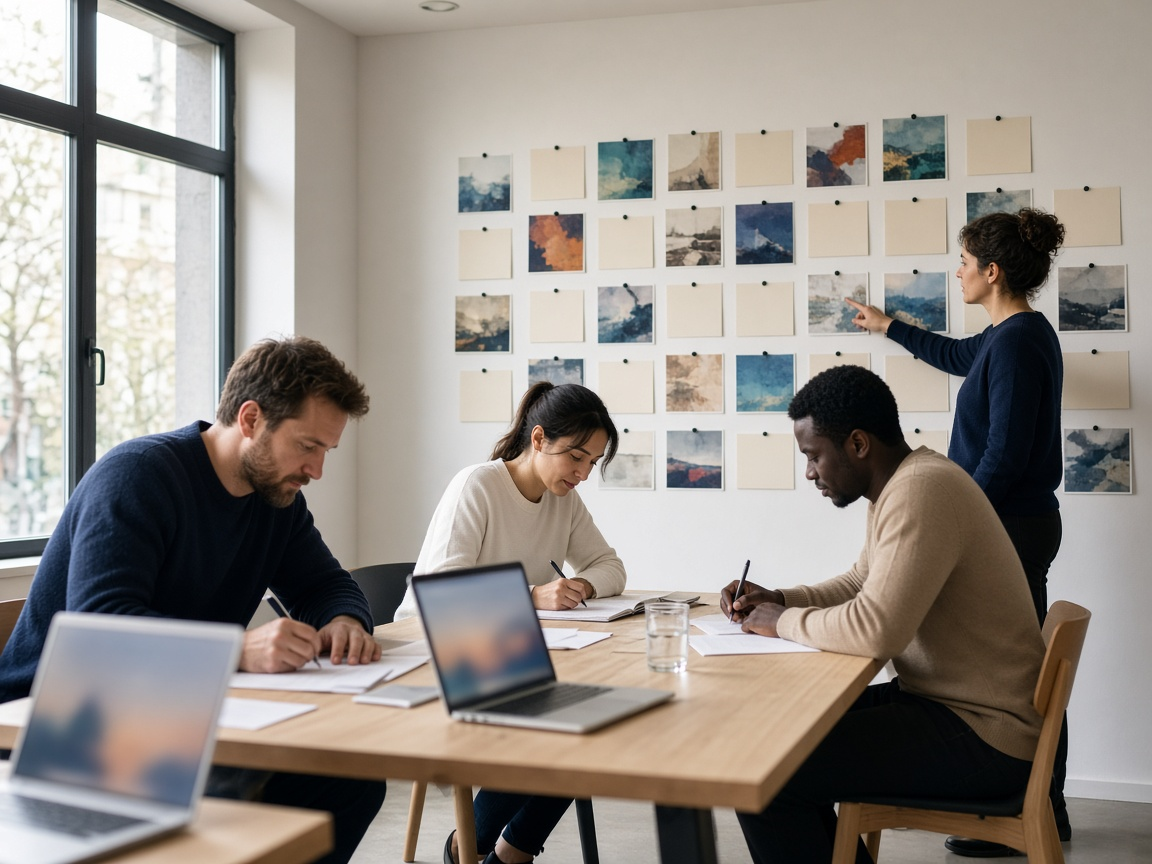 Agency teammates reviewing a wall of blank index cards and photo thumbnails arranged in a comparison grid