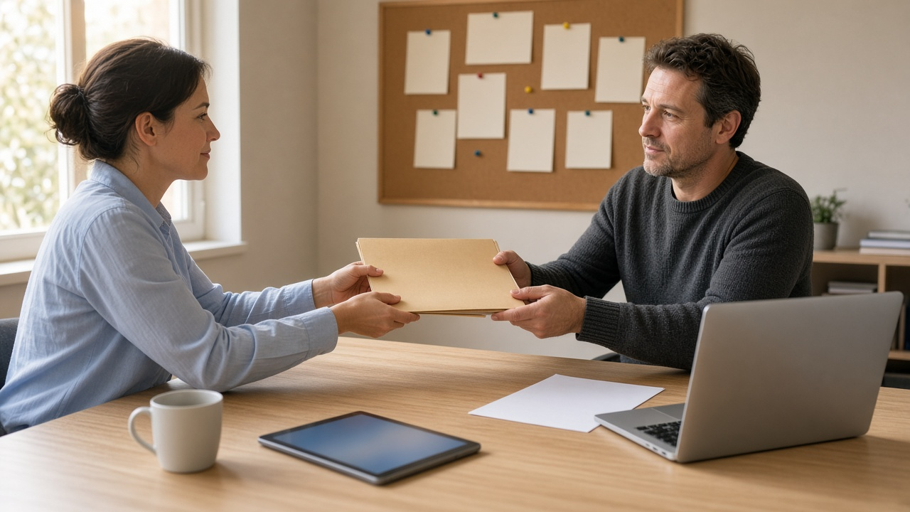 Two marketing colleagues handing a plain folder across a desk in a bright regional office