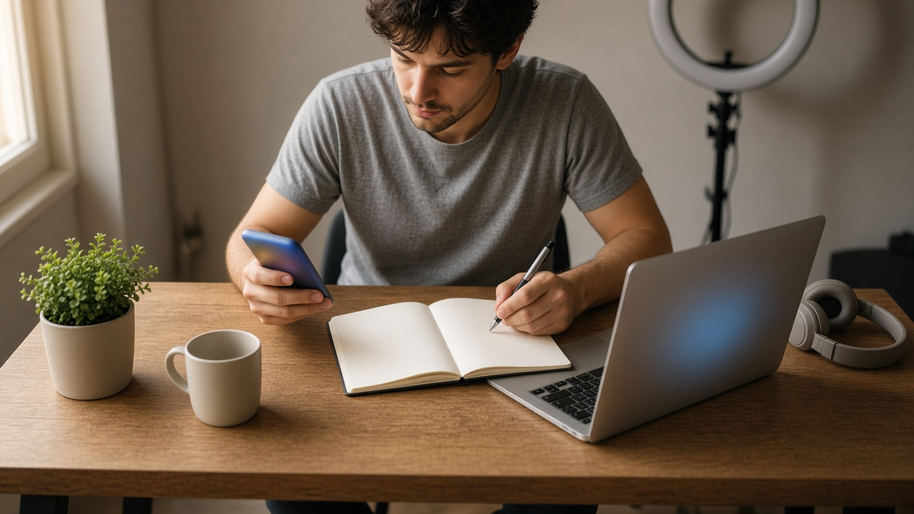 Solo creator at a home studio desk taking notes in a notebook while checking a phone and laptop