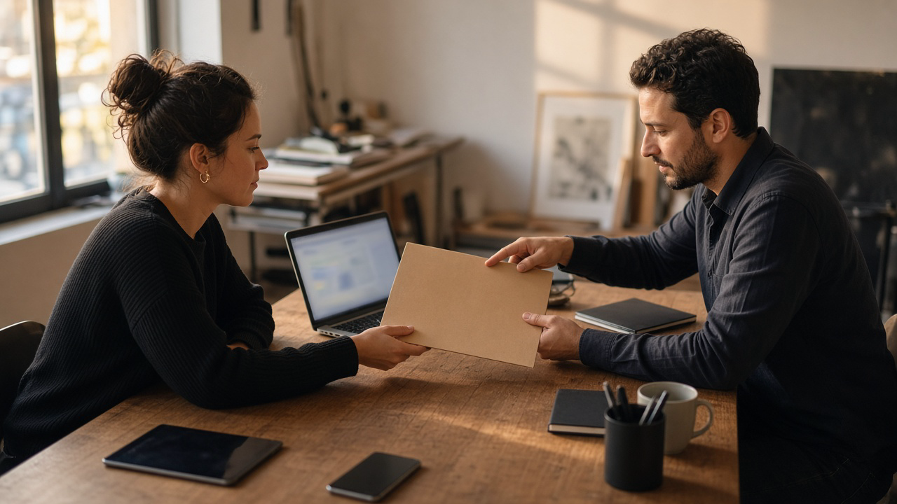 Two colleagues exchanging a paper folder and reviewing an unreadable laptop during an approval handoff