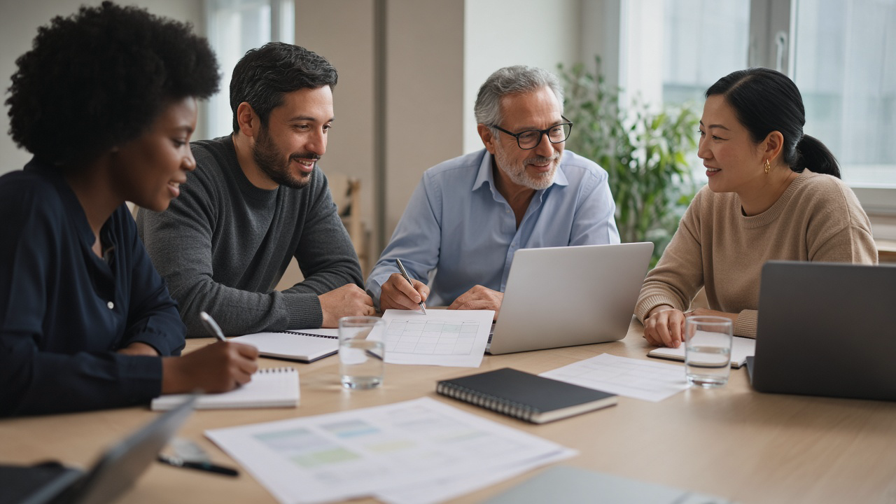 Four teammates around a conference table assigning approval roles with notebooks and laptops