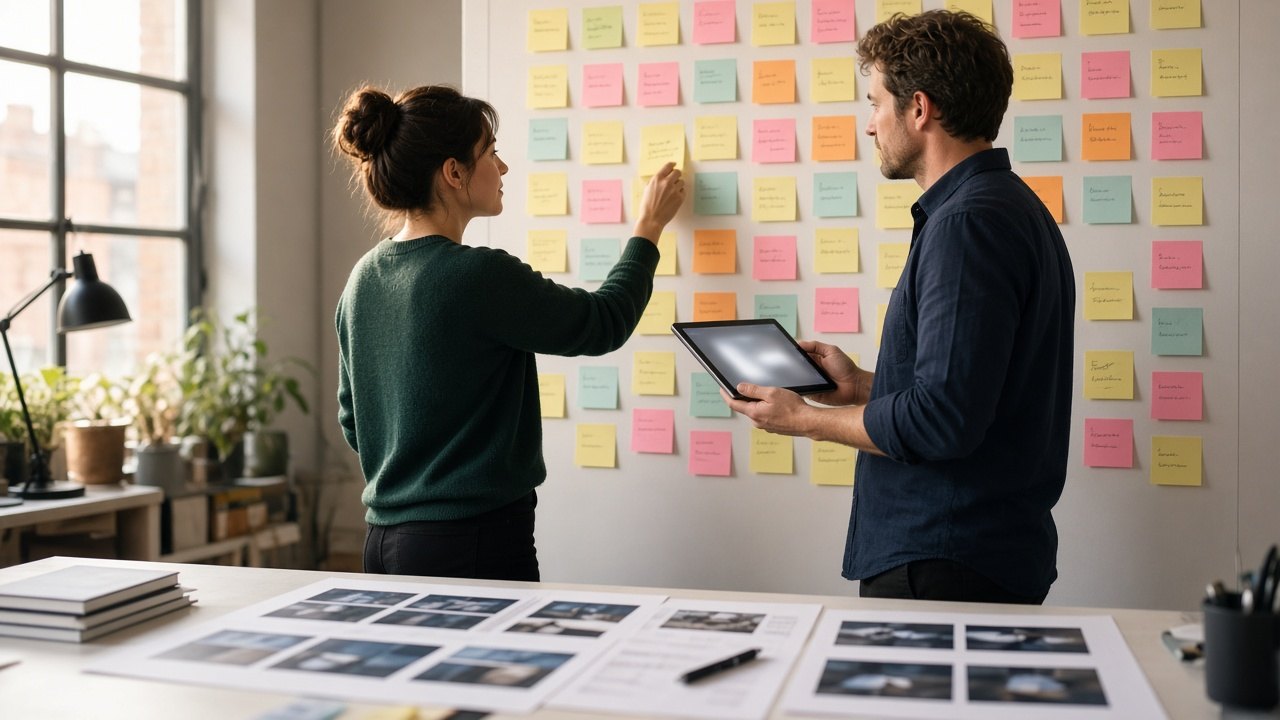 Two agency colleagues arranging sticky notes in columns on a wall while reviewing a tablet