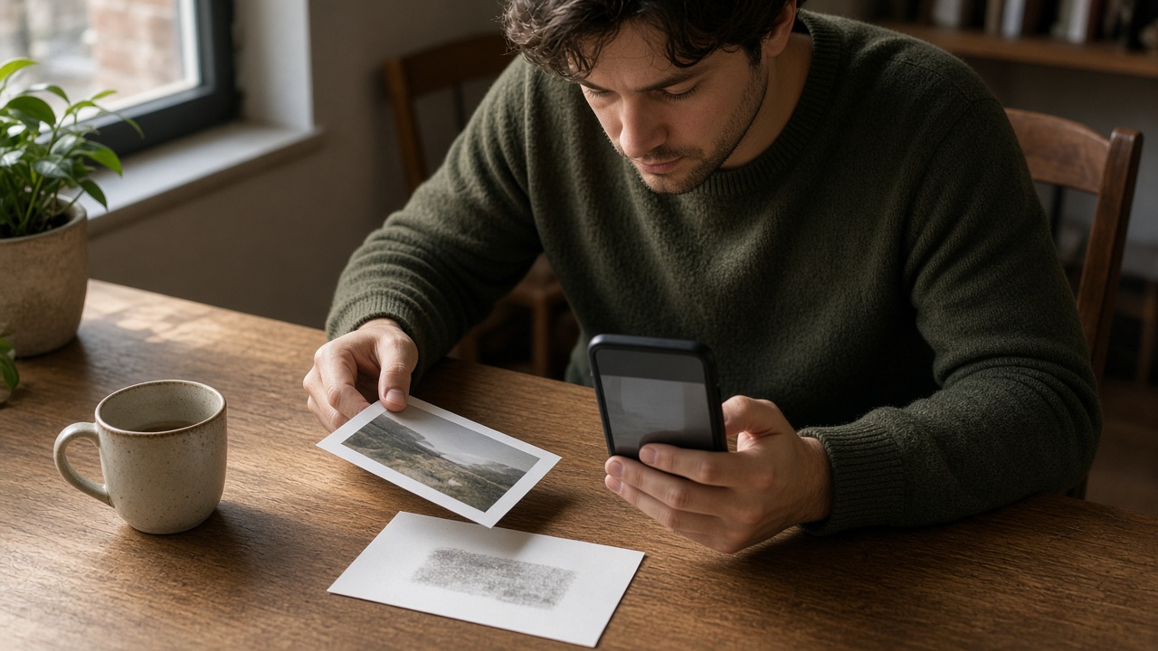 Operator comparing a printed photo, a phone, and a separate note before choosing files