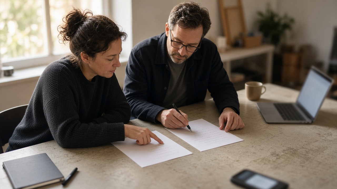 Two colleagues comparing a short paper draft and a longer paper draft at a studio table