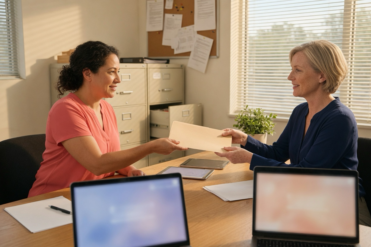 Clinic colleagues completing an advocacy handoff with care limits documented in a folder