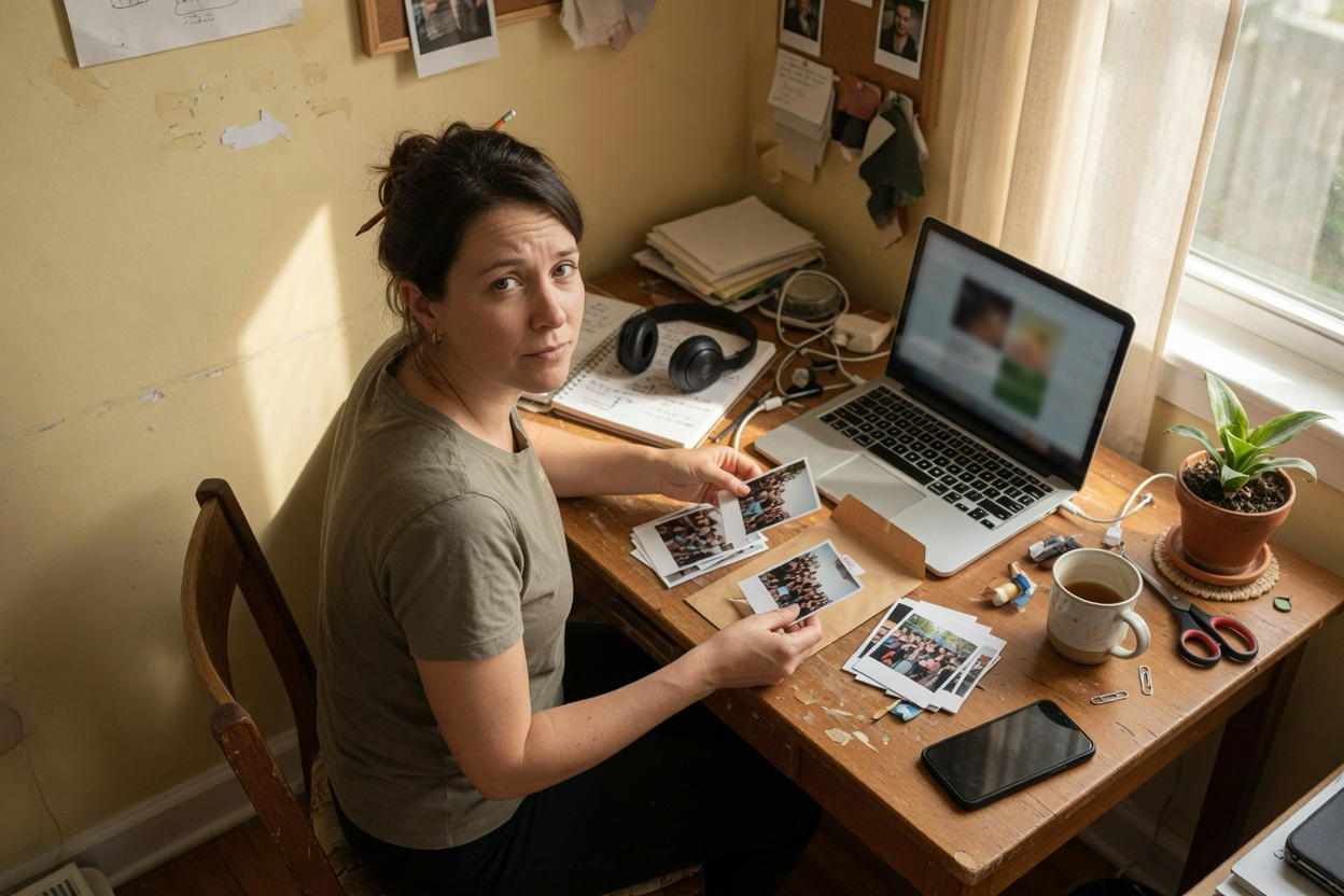 Solo creator assembling always-safe advocacy assets and caption starters at a home desk