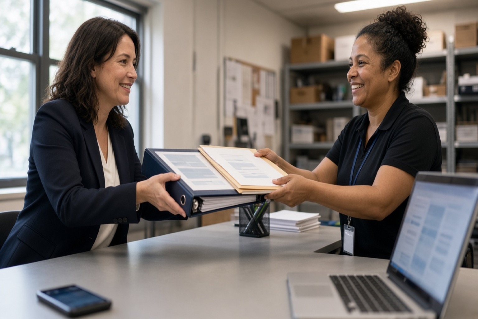 Store and corporate marketers completing a hashtag library handoff with printed sheets and unreadable screens