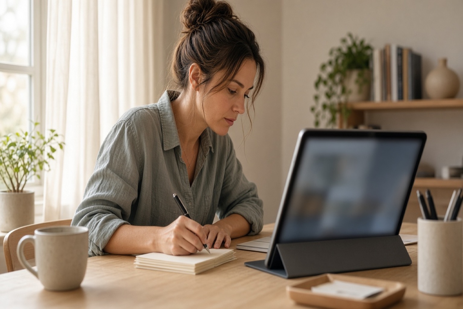 Solo creator planning a short hashtag set beside printed notes at a home desk with an unreadable tablet