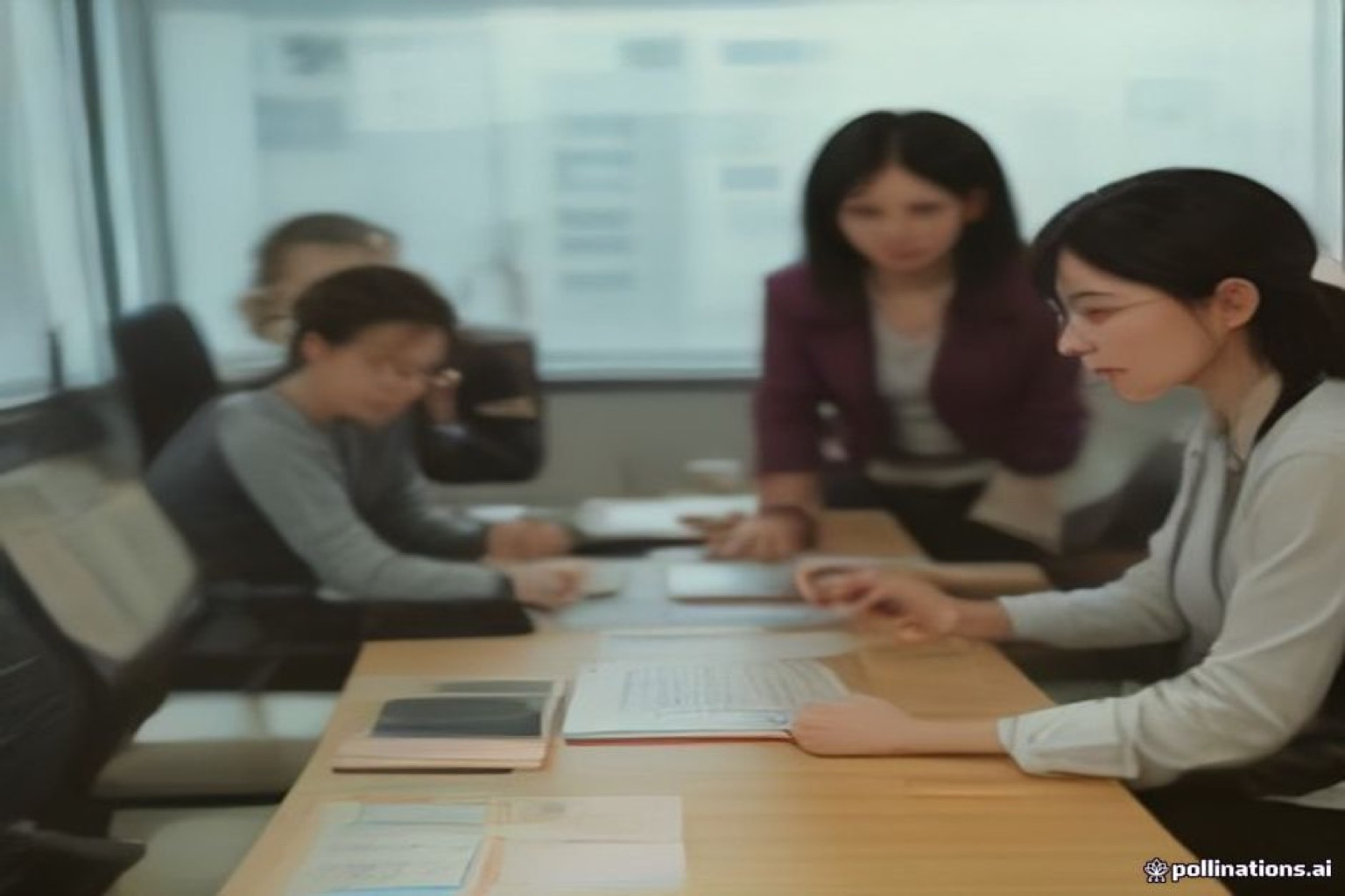 Agency teammates coordinating multi-creator briefing packets beside unreadable monitors in a conference room