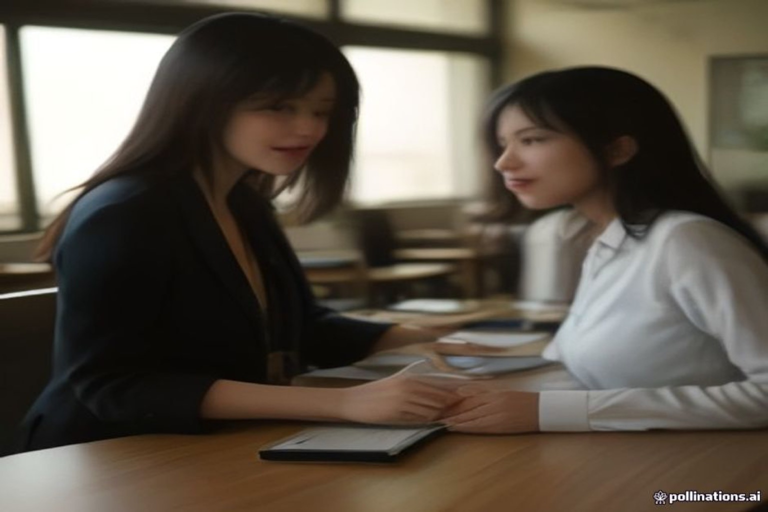 Hospitality marketers completing a regional creator brief handoff with printed folders and unreadable screens