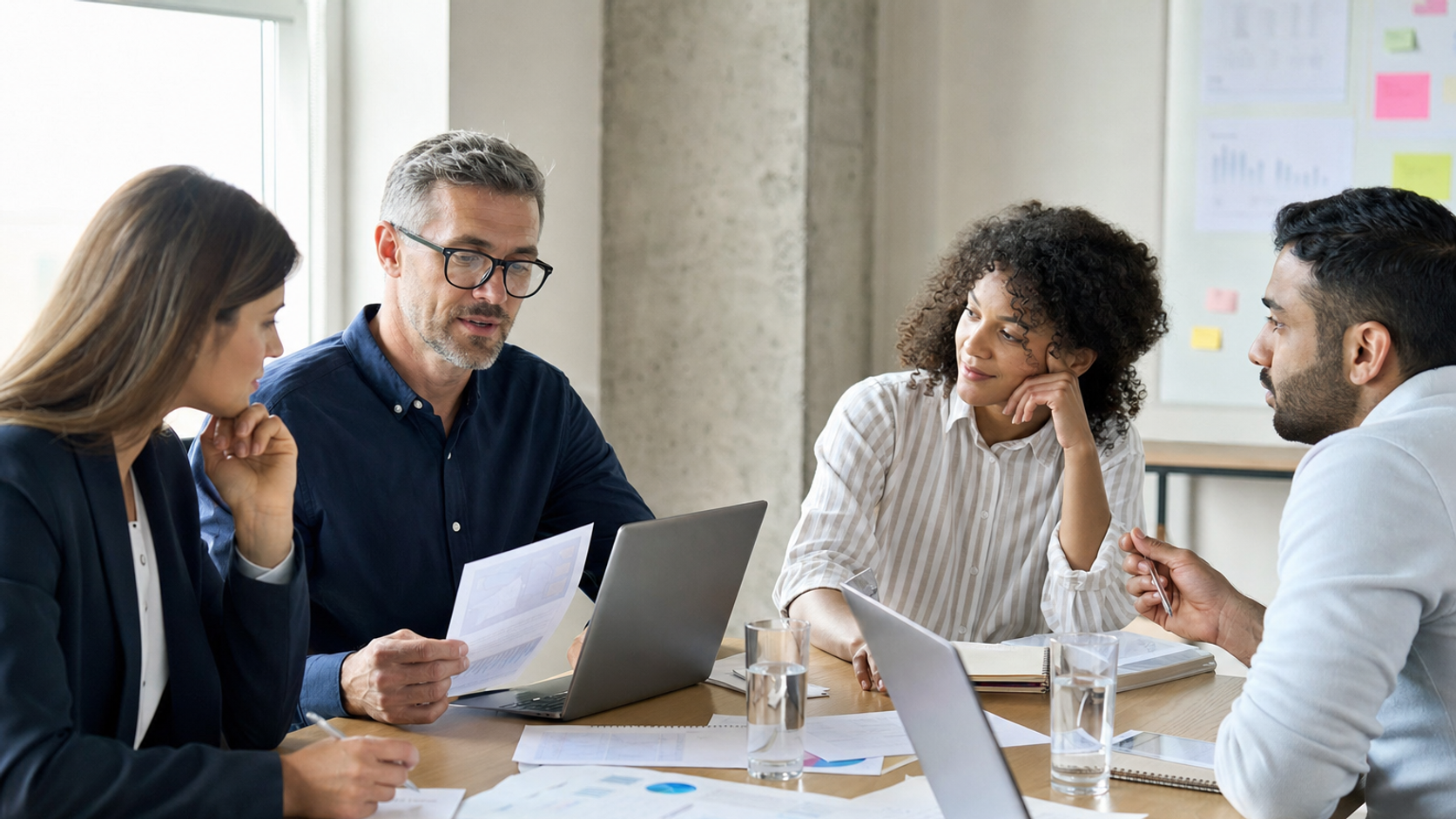 Agency and client team reviewing a monthly social media report around a conference table