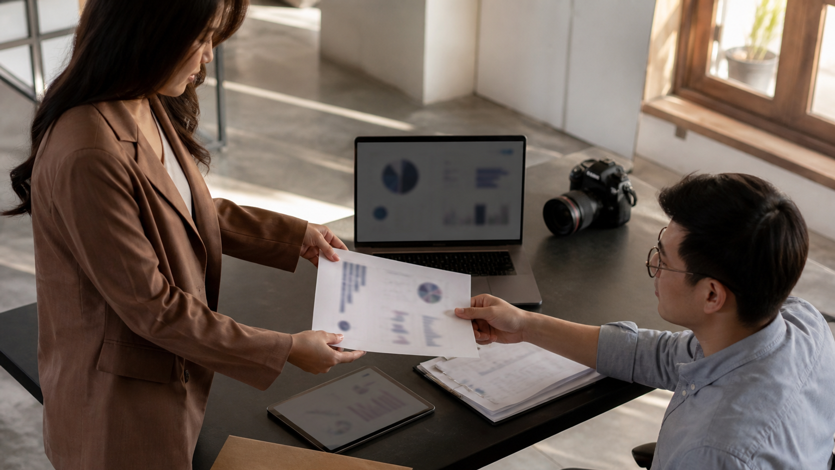 Two colleagues completing a monthly reporting handoff with printed charts and a laptop