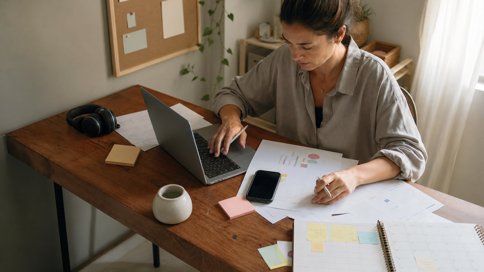 Independent creator assembling a monthly social media report at a home studio desk