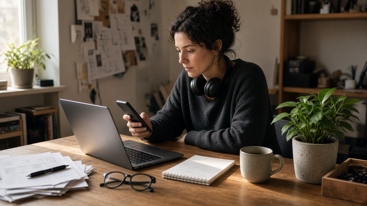 Independent creator reviewing unreadable draft notes beside a laptop and phone at a home studio desk