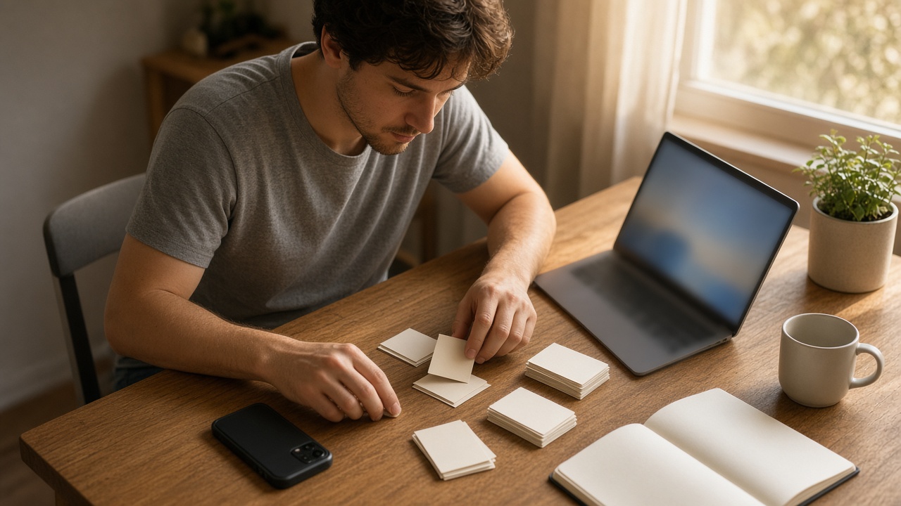 Solo creator at a home desk sorting blank note cards beside a phone and laptop with blurred screens
