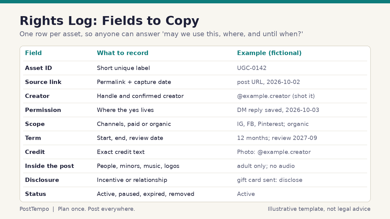Table graphic listing UGC rights log fields such as asset ID, source link, creator, permission, scope, term, credit, inside the post, disclosure, and status with fictional examples
