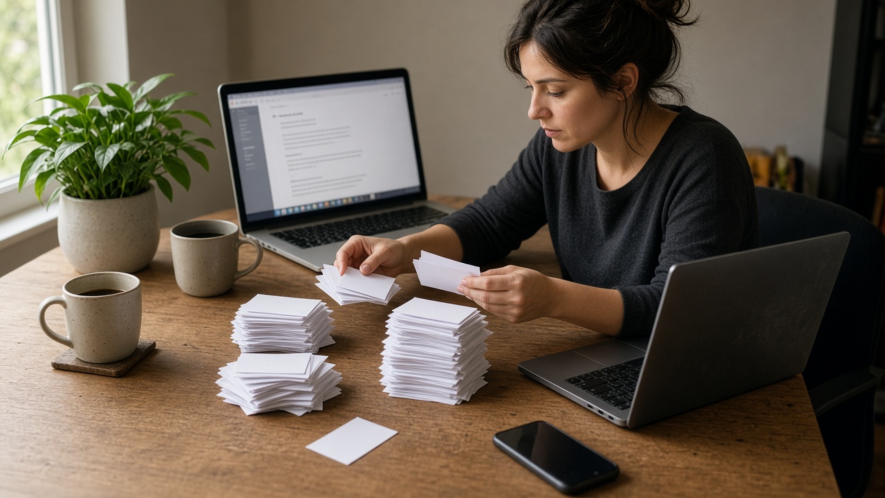 Operator reviewing two stacks of unreadable notes beside a laptop at a home desk