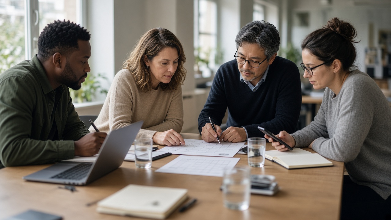 Four teammates reviewing unreadable migration notes around a conference table