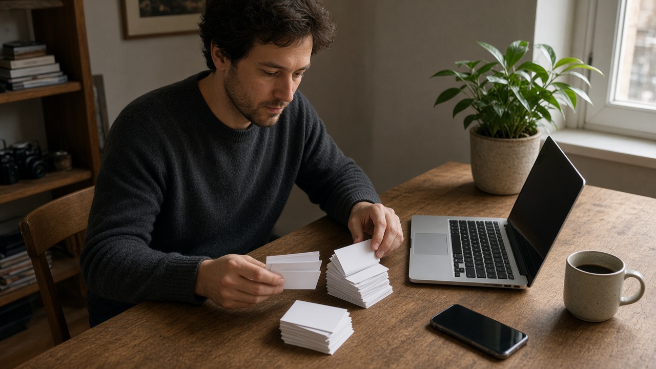 Operator sorting two stacks of unreadable notes beside a laptop at a home desk